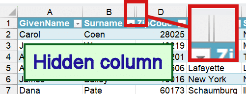 Characteristic of a hidden column in Excel
