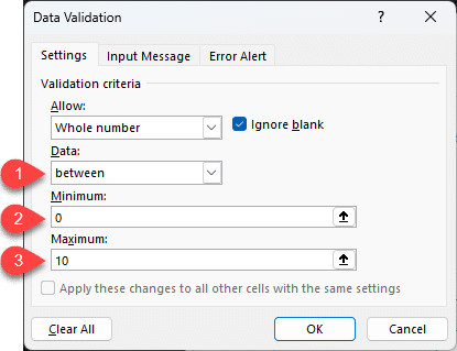 Data validation whole number between