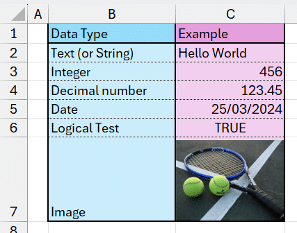 Example Data Type in Excel