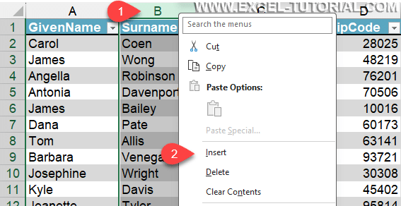 Insert column with the right click