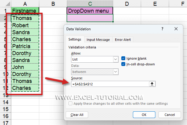 Use data range as a source for a dropdown menu
