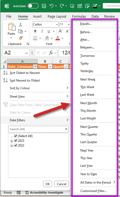 Date filter options Date filter options