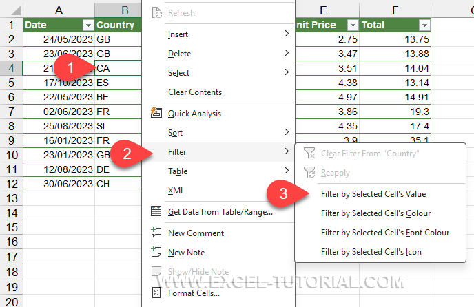 Filter data on the cell value