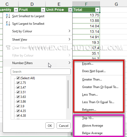 Filter options for numerical values