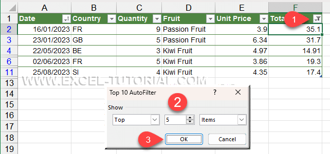Filter the top 5 values