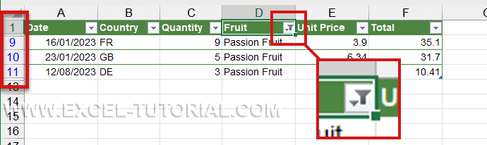 Row filtered in Excel