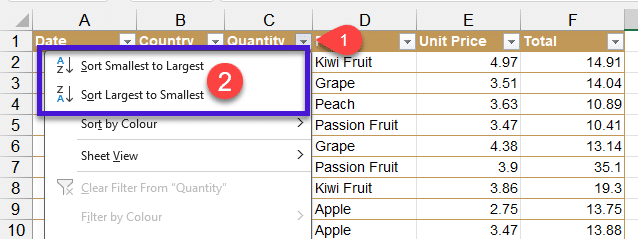 Sort option from the headers Sort option from the headers