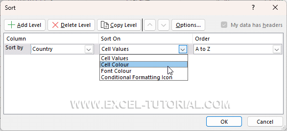 Sort select the option cell colors