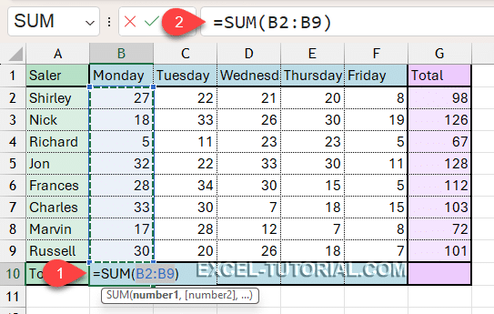 Create a sum with the shortcut alt =